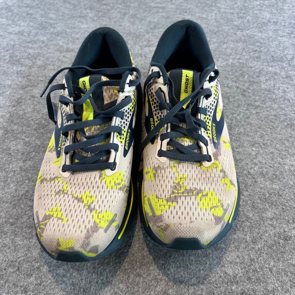 Brooks Womens Ghost 14 Tan Neon Yellow Tiger Camo Running Shoes 10 Athletic